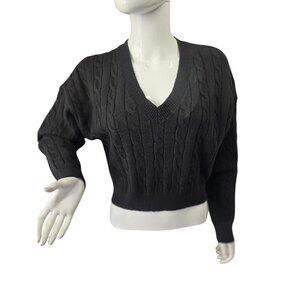 Ambiance Apparel Crop Black Cable Knit Pullover Womens Sz M Deep V Long Slv NWT